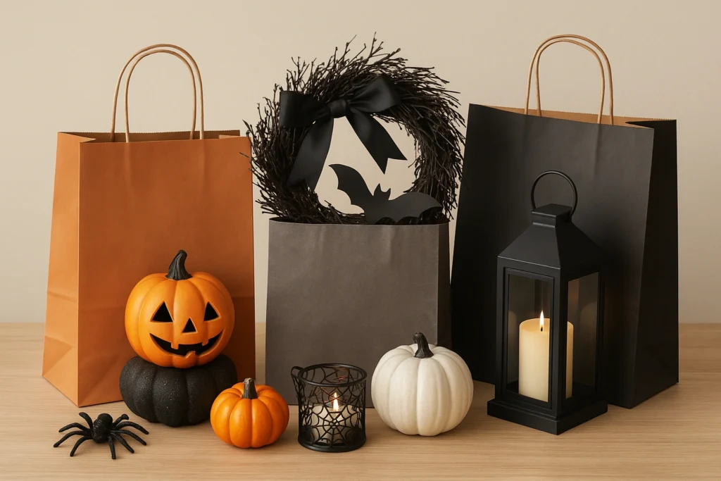 Halloween decor shopping scene with stylish decorations