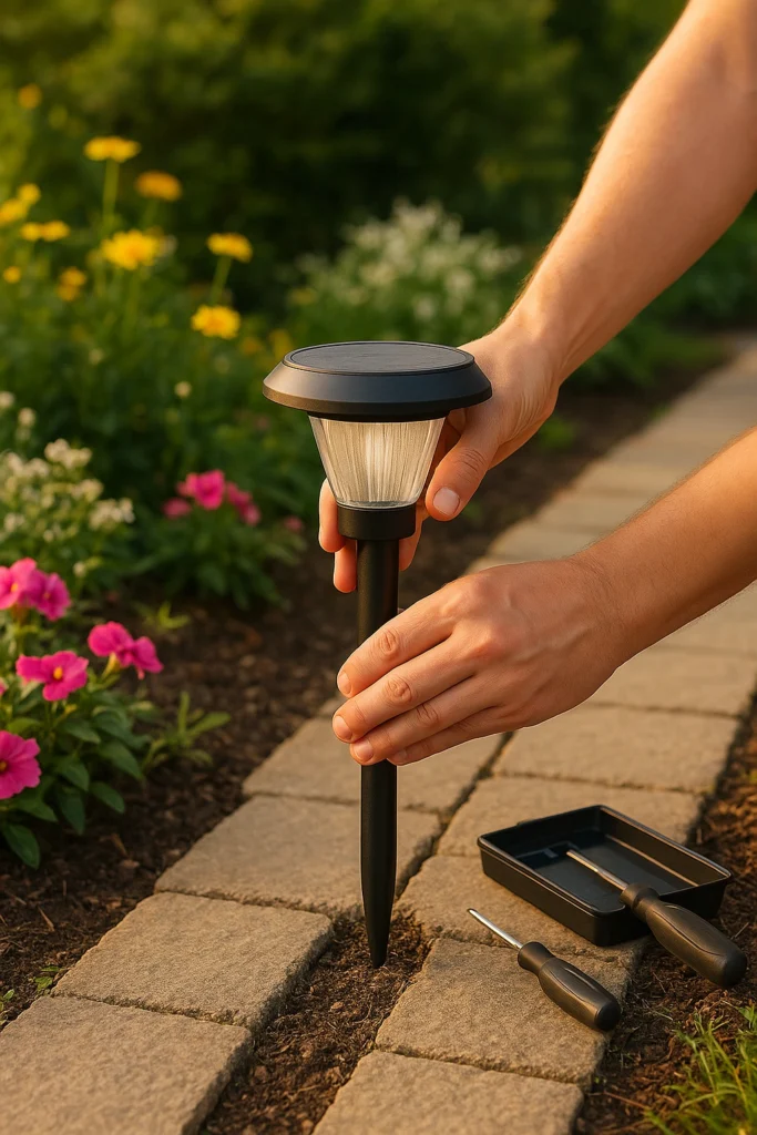 Hands installing solar pathway lights in a garden