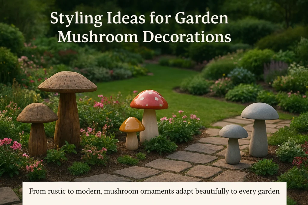 Different styles of mushroom decorations displayed in a landscaped garden.