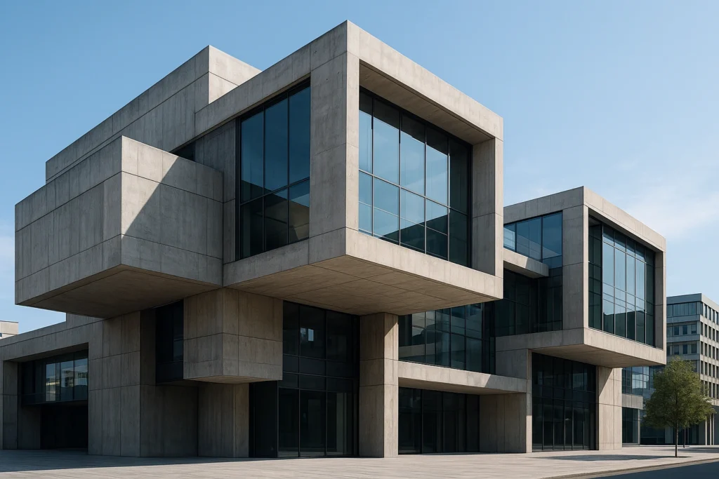 Modern brutalist architecture with concrete and glass.