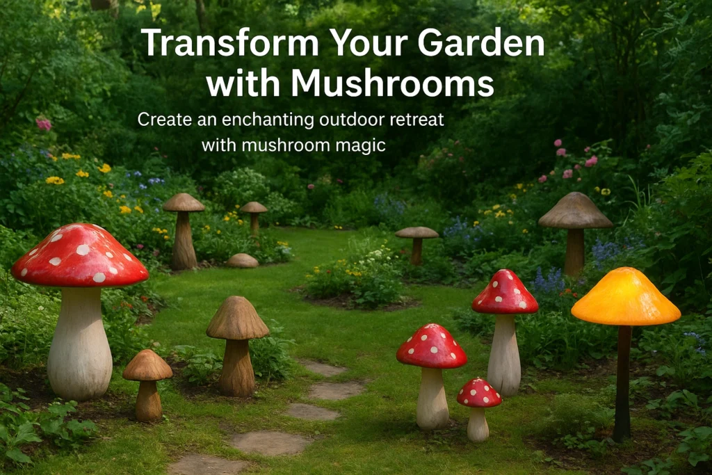 Whimsical garden filled with mushroom decorations.