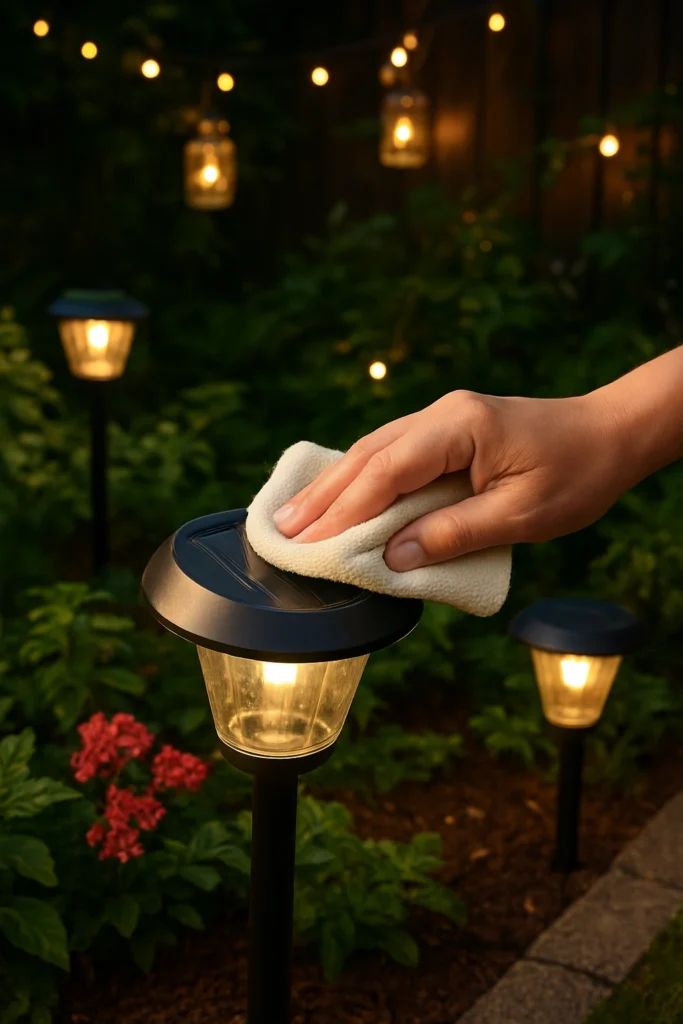 Cleaning a solar panel on a garden light to improve performance