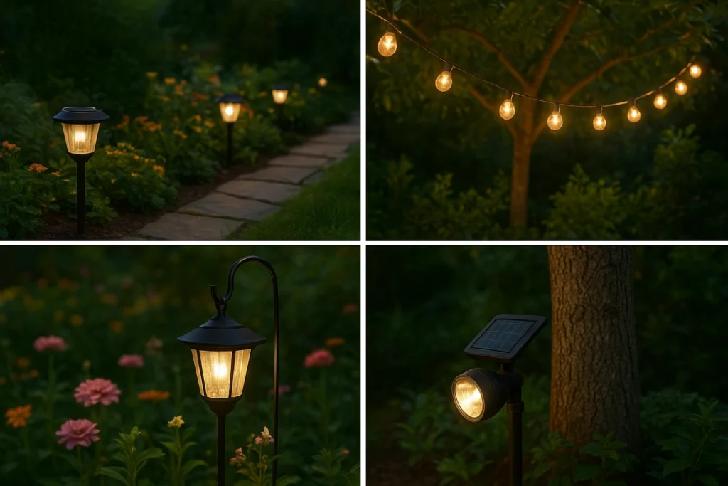 Various types of solar garden decorations including pathway lights and lanterns