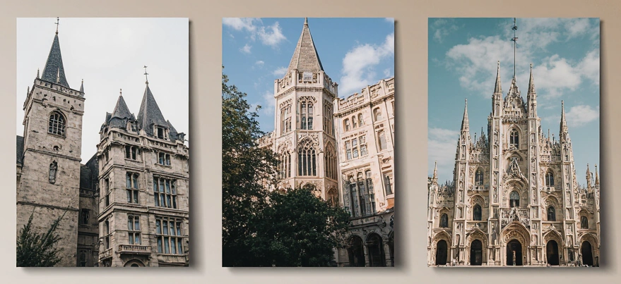 Timeline panels showing early, high, and late Gothic architectural scenes.
