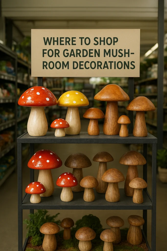 Garden store shelf with mushroom ornaments