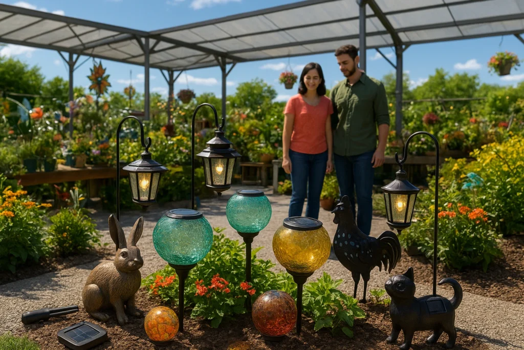 Shoppers exploring solar garden decor at a garden center