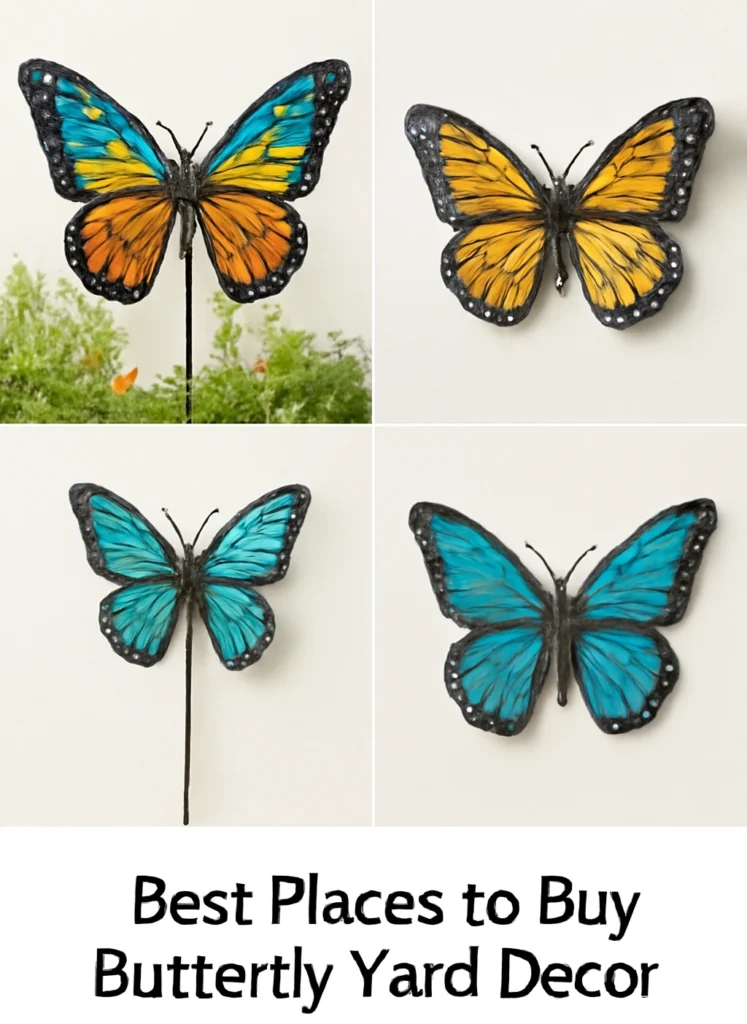 Display of popular butterfly yard decor brands and ornaments.