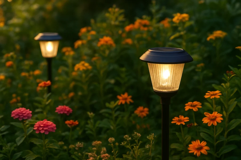 Solar garden lights glowing among colorful flowers and greenery
