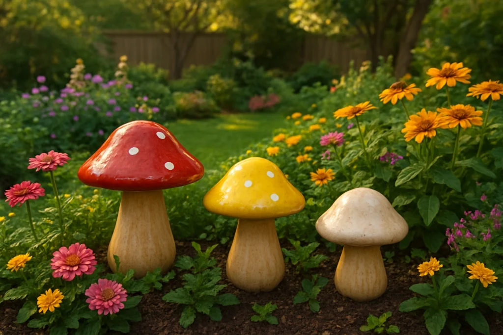 Mushroom statues under trees with woodland charm