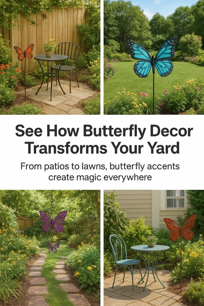 Outdoor spaces transformed with butterfly garden decorations.