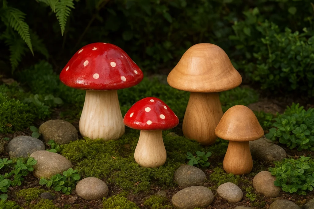 Mushrooms paired with natural elements in a garden.