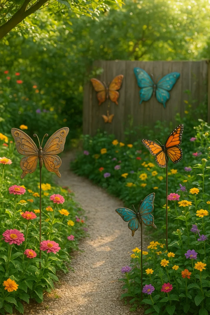Butterfly decorations adding color and dimension to a garden path.