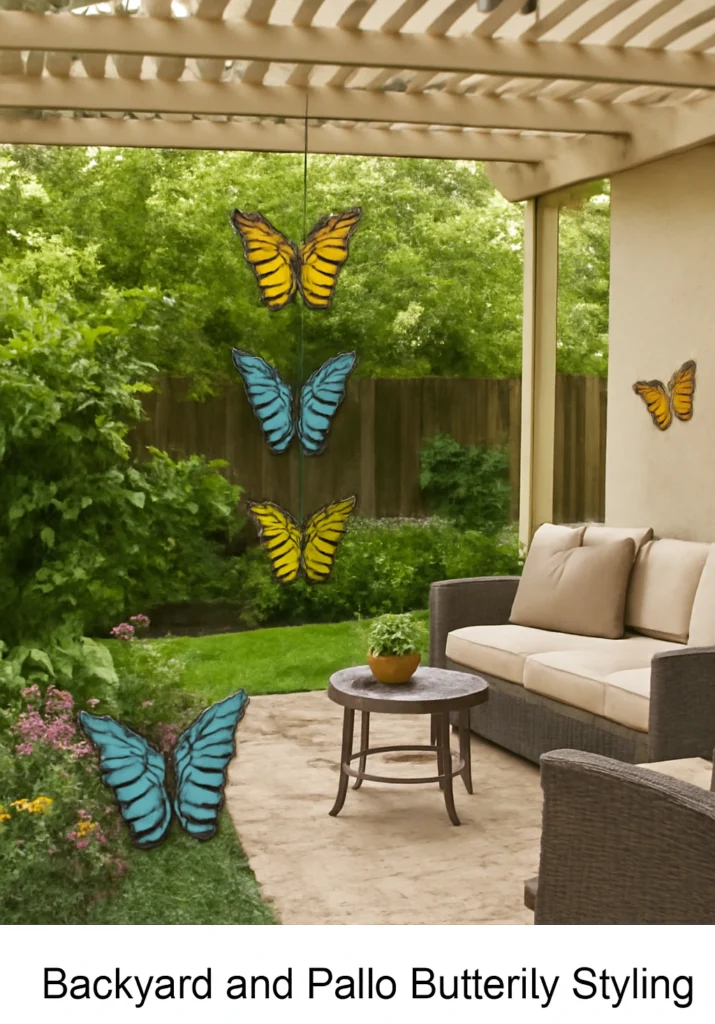 Patio decorated with butterfly mobiles and garden ornaments.
