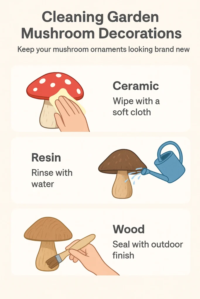 Cleaning ceramic, resin, and wooden mushroom garden ornaments.