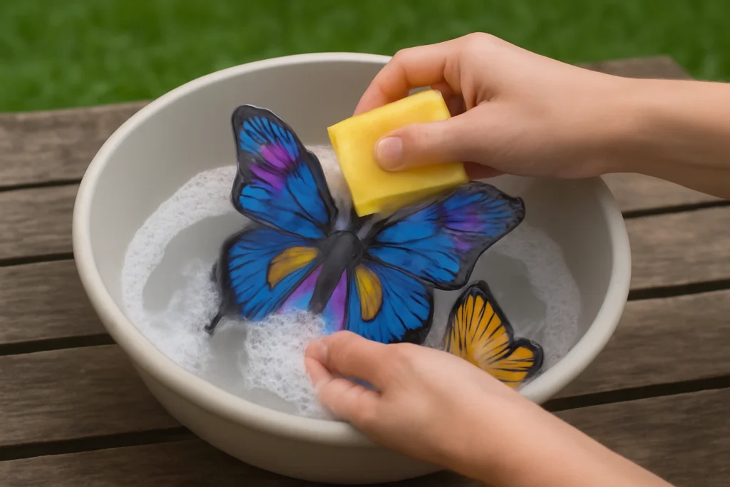 Cleaning butterfly garden ornaments with soap and water.
