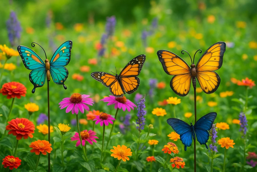 Butterfly decor with real butterflies in a flower garden.