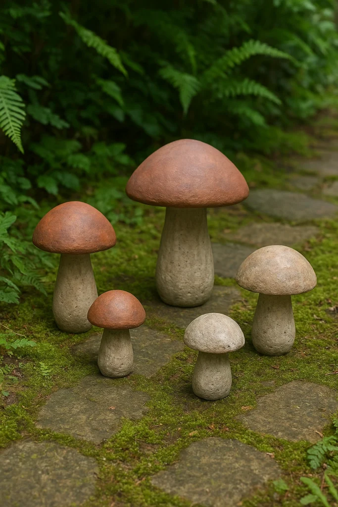 Concrete mushroom decorations along a mossy garden path.
