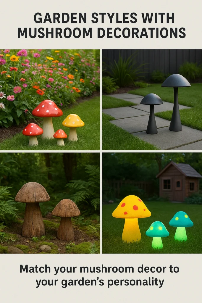 Four garden styles featuring different mushroom decorations.