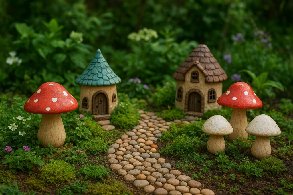 Fairy garden corner with mushroom decorations and fairy houses