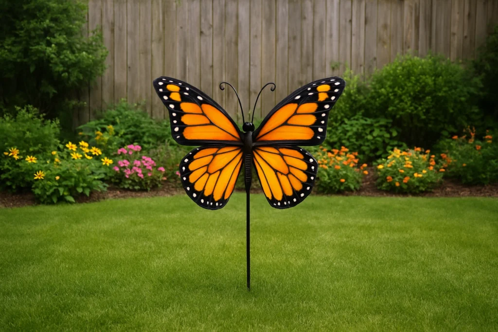 Butterfly wind spinner as a garden centerpiece.