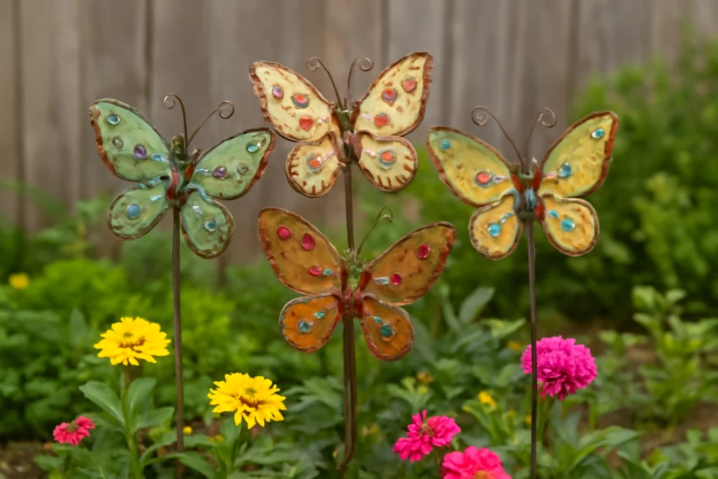 Handmade butterfly garden stakes using wire and beads.