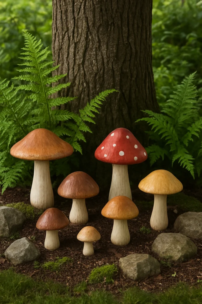 Mushrooms arranged under a tree with ferns and rocks