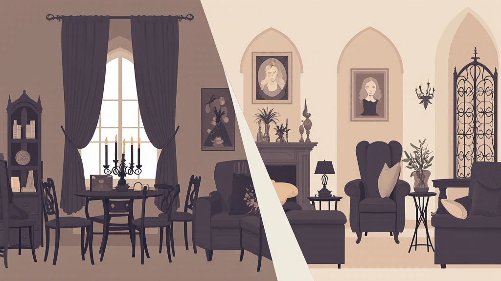 Do and don’t comparison of tasteful vs overloaded Gothic-inspired decor.