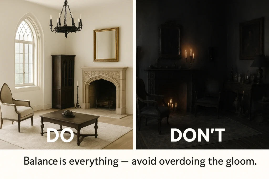 Do and don’t comparison of tasteful vs overloaded Gothic-inspired decor.
