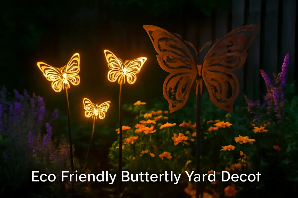 Eco-friendly butterfly garden ornaments including solar stakes and recycled metal art.