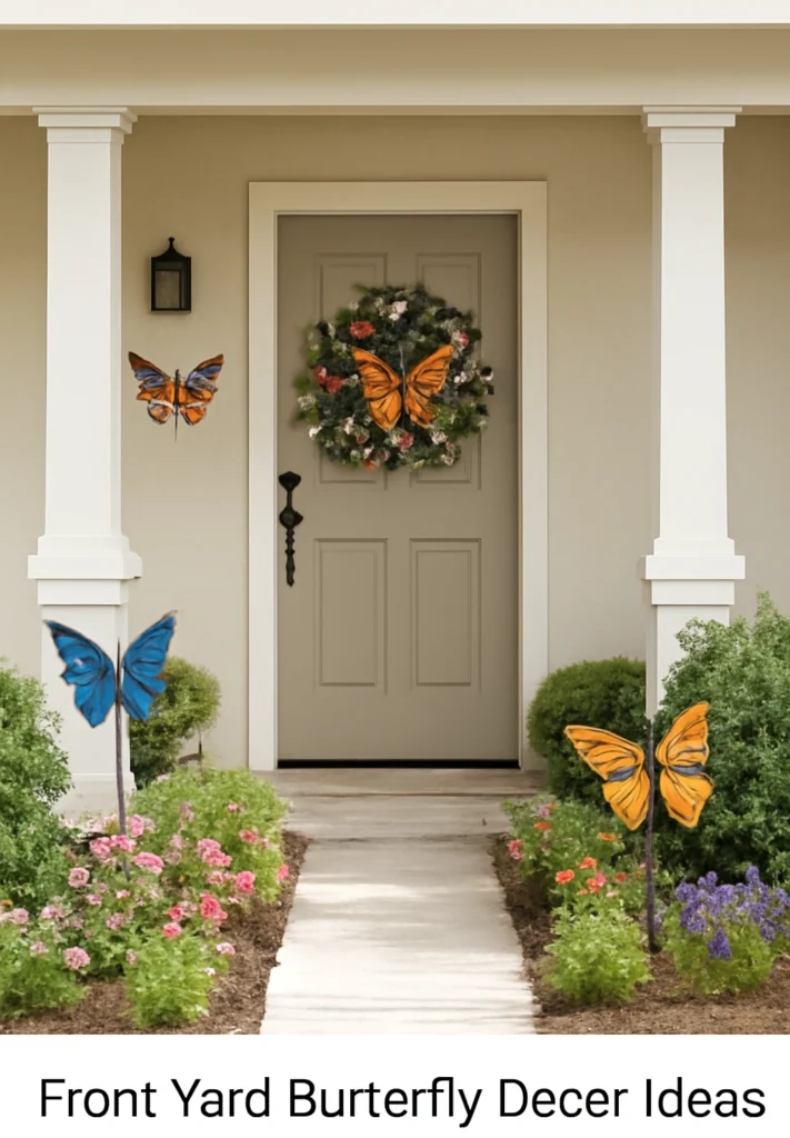 Front yard decorated with butterfly wreath and garden stakes.