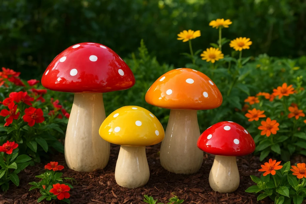 Colorful ceramic mushrooms in a garden flower bed