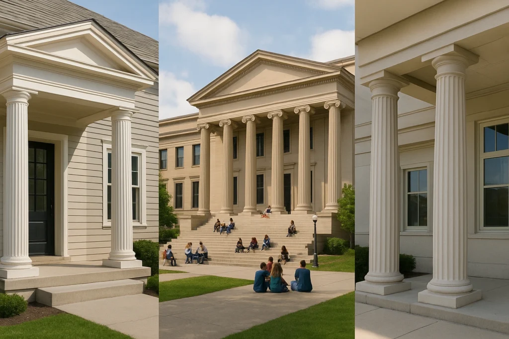 Greek-inspired columns in modern buildings