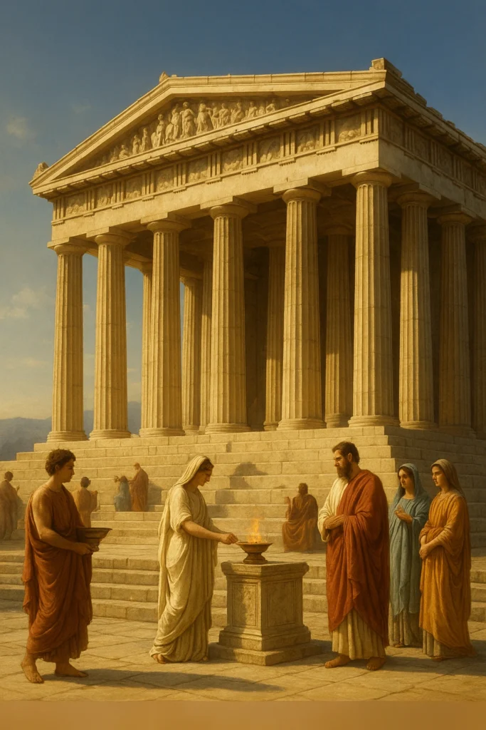 Parthenon temple with Greek worshippers