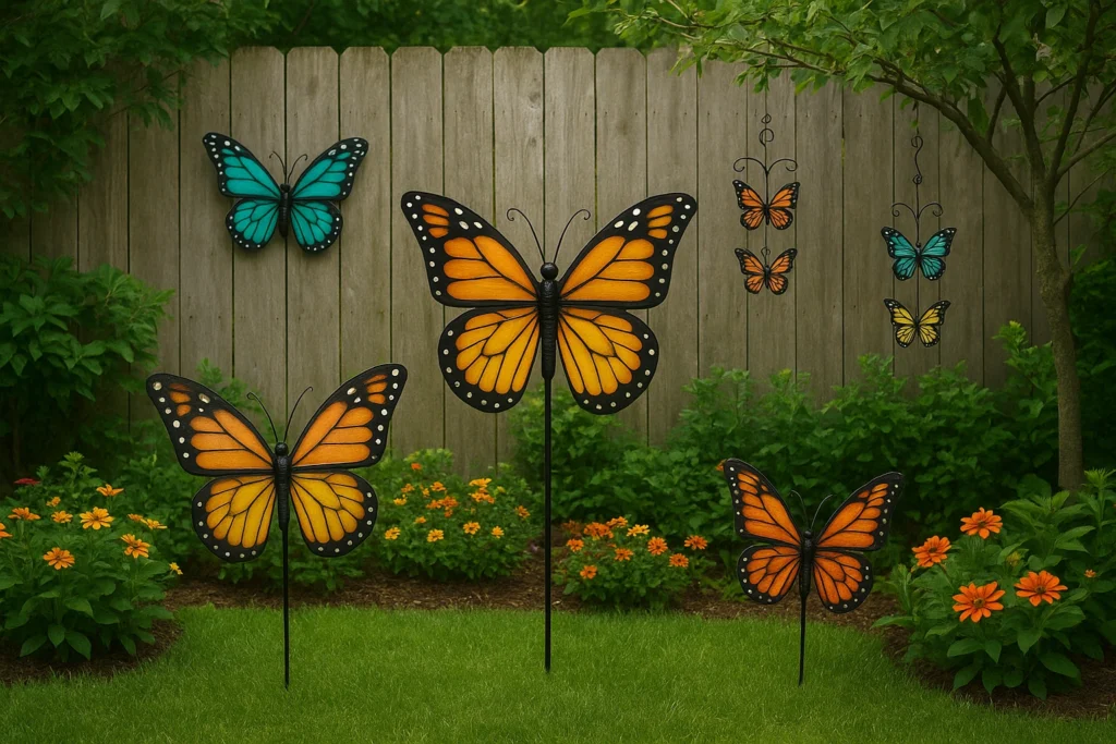 Layered butterfly decor at different garden heights.