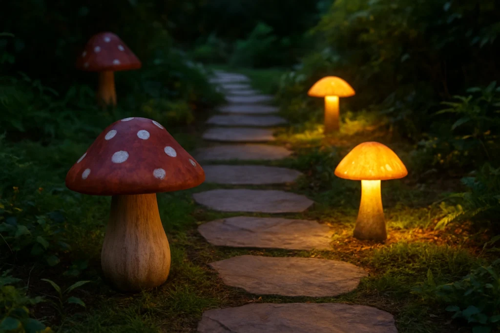 Solar mushroom lights illuminating a garden pathway