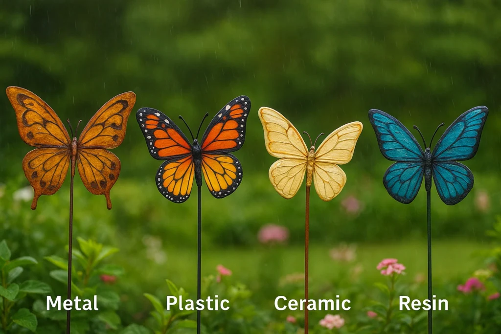 Different outdoor butterfly decorations showing material durability.