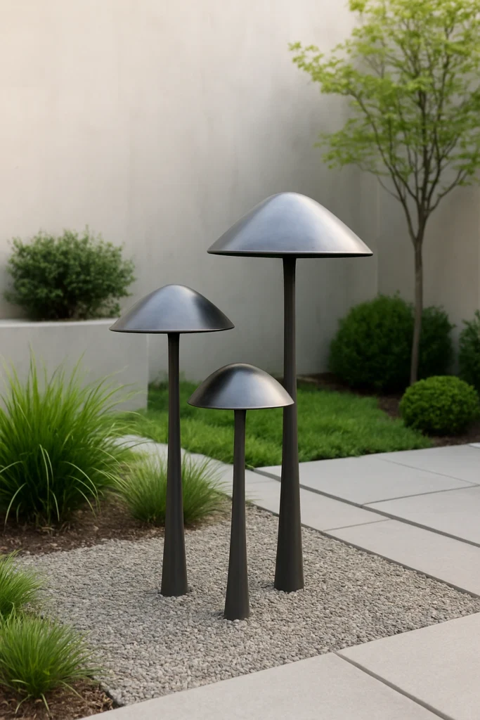 Metal mushroom sculptures in a modern backyard