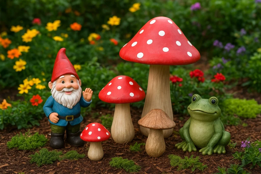 Mushrooms styled with gnome and frog statues.