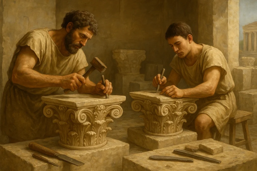 Carving Corinthian capitals with acanthus leaves