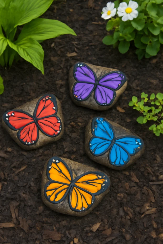 Hand-painted butterfly rocks placed in a garden.