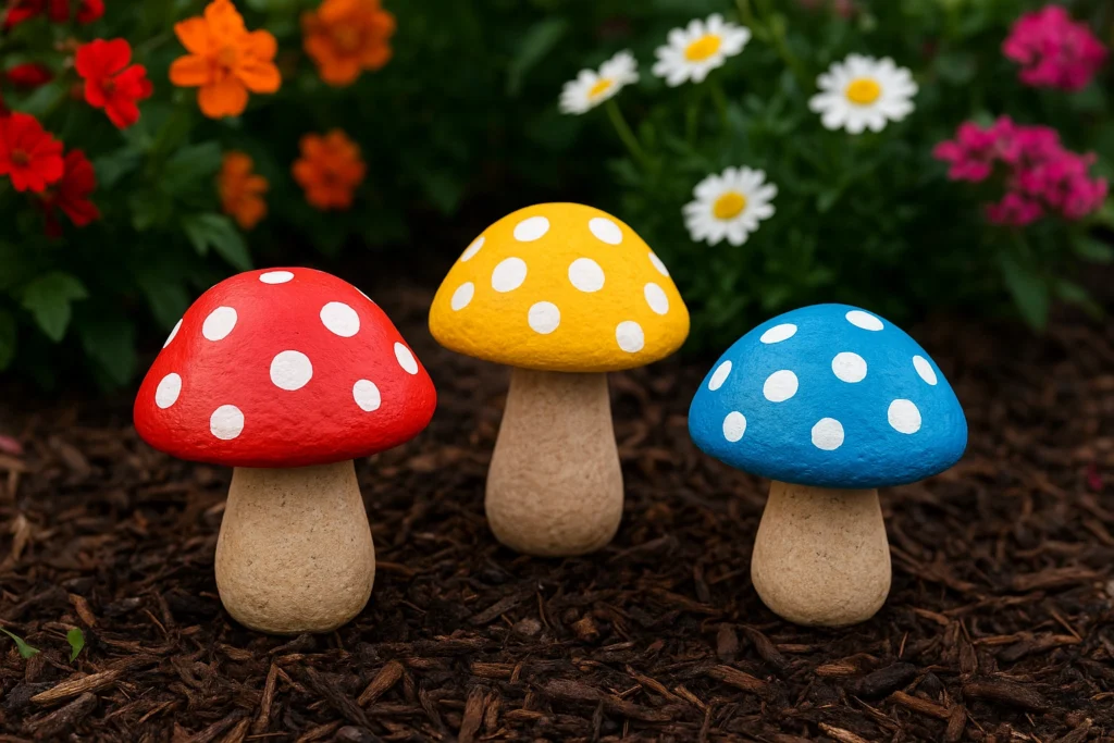 Painted rock mushrooms in a garden flower bed.