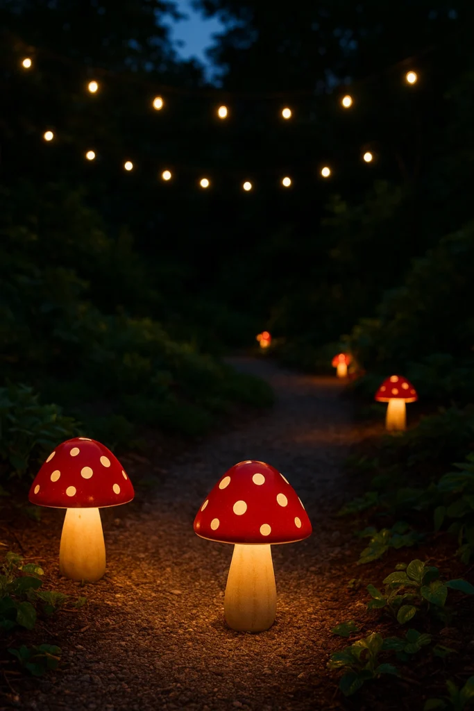 Solar mushroom lights glowing in a garden at night.