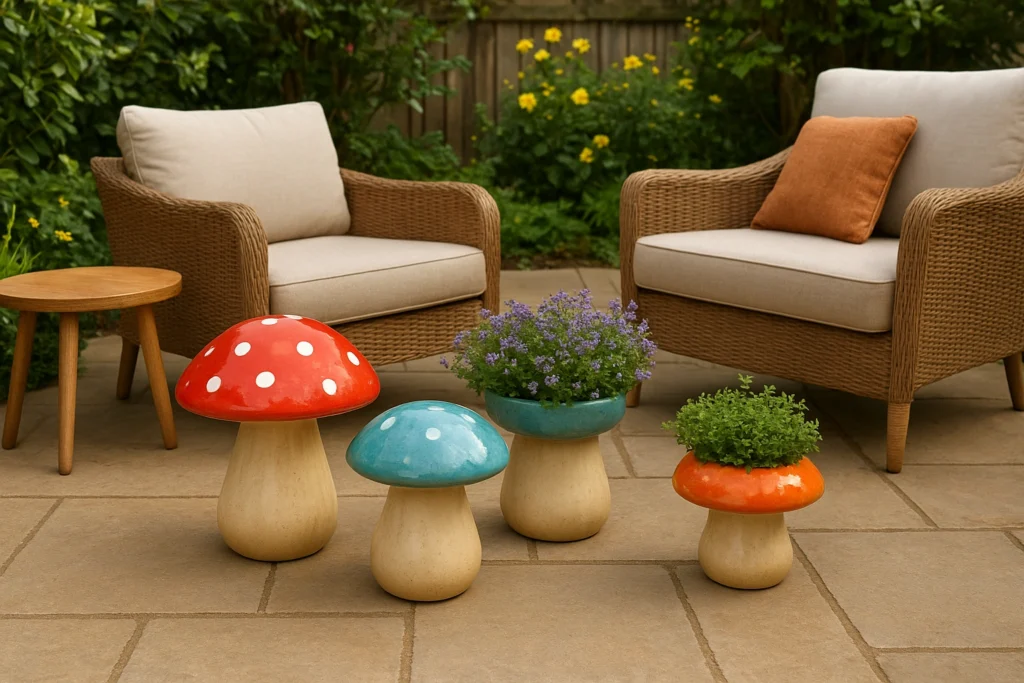 Ceramic mushroom planters on a garden patio