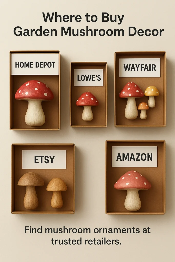 Retailers offering mushroom garden decorations.