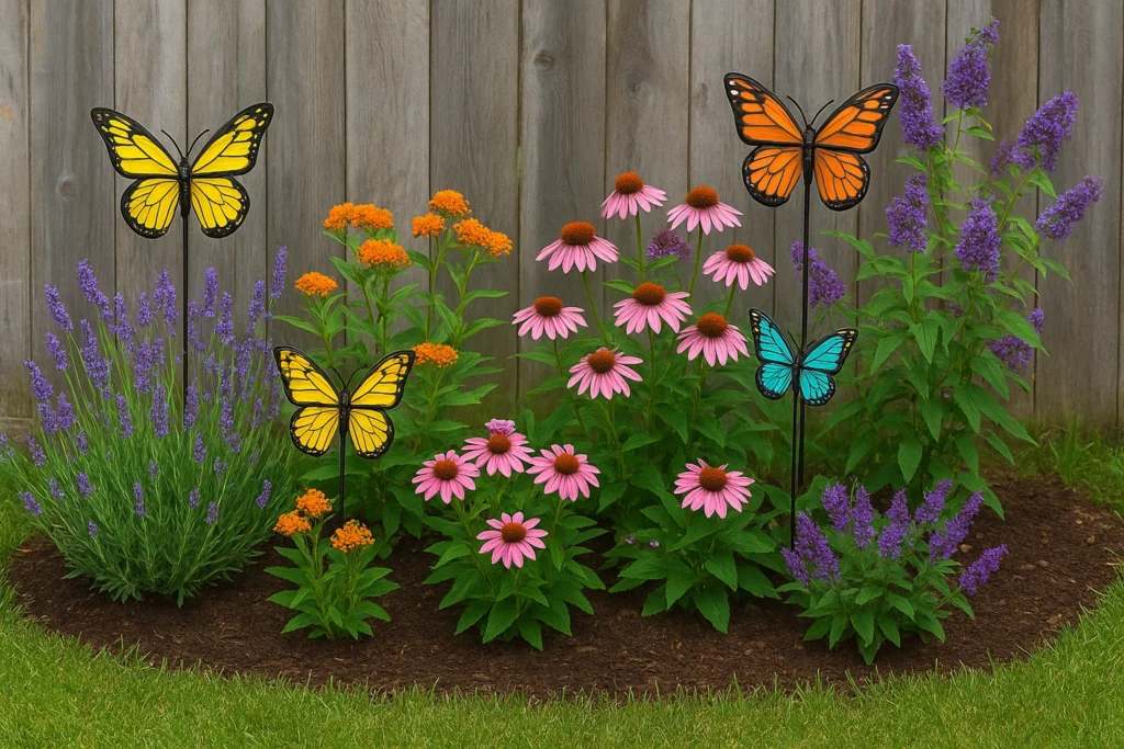 Plants that attract butterflies with decorative butterfly stakes.