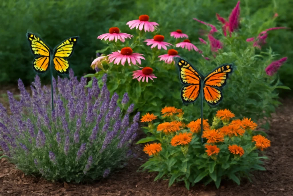 Plants that attract butterflies with decorative butterfly stakes.
