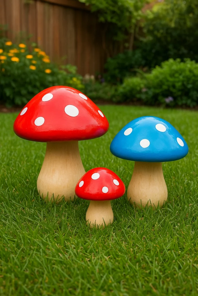 Resin mushroom decorations in a playful outdoor garden