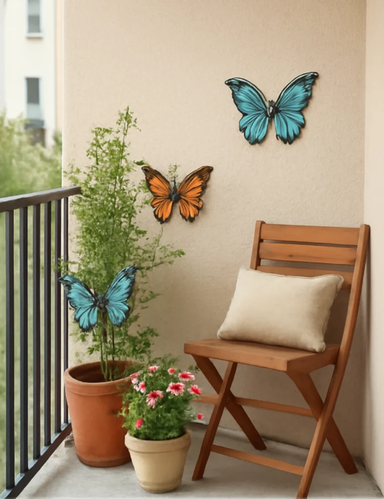 Balcony decorated with butterfly pots, decals, and ornaments.

