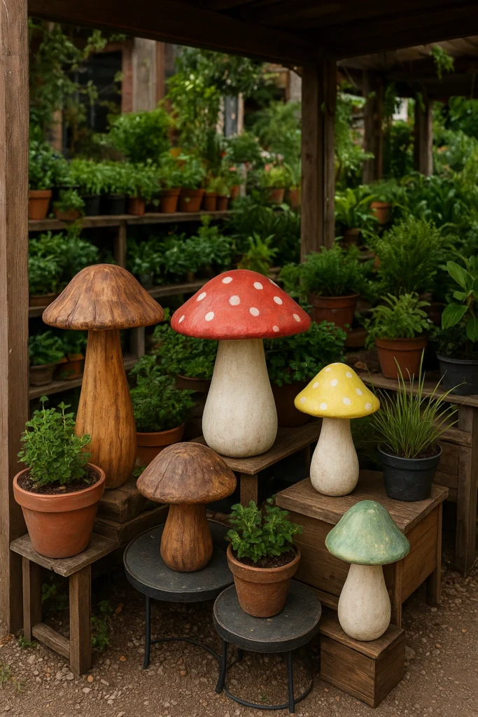 Local shop selling artisan mushroom garden ornaments.