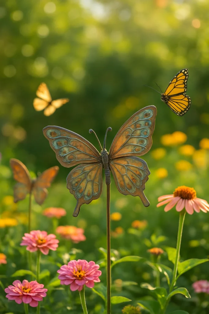 Metal butterfly ornaments and real butterflies in a peaceful garden.